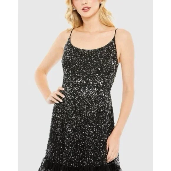 MAC DUGGAL Size 6 Black 10883 Embellished Scoop Neck Tiered Formal Gown Dress